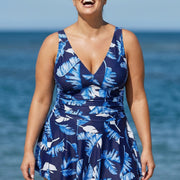 Blue Plant Print Ruched Wide Strap Fashionable One Piece Swimdress