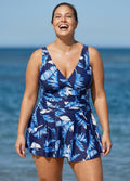 Blue Plant Print Ruched Wide Strap Fashionable One Piece Swimdress