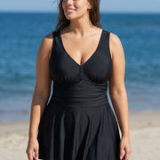 Black Ruched Wide Strap Fashionable Modest Plus Size One Piece Swimdress
