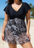 Black And White Print Short Sleeve Cross Front Ruffle One Piece Swimdress