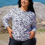 White Round Neck Long Sleeve Floral Printed Side Tie Plus Size Tankini Top