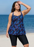 Purple Plants Print Square Neck Flowy Modest Plus Size Tankini Swimsuit Top