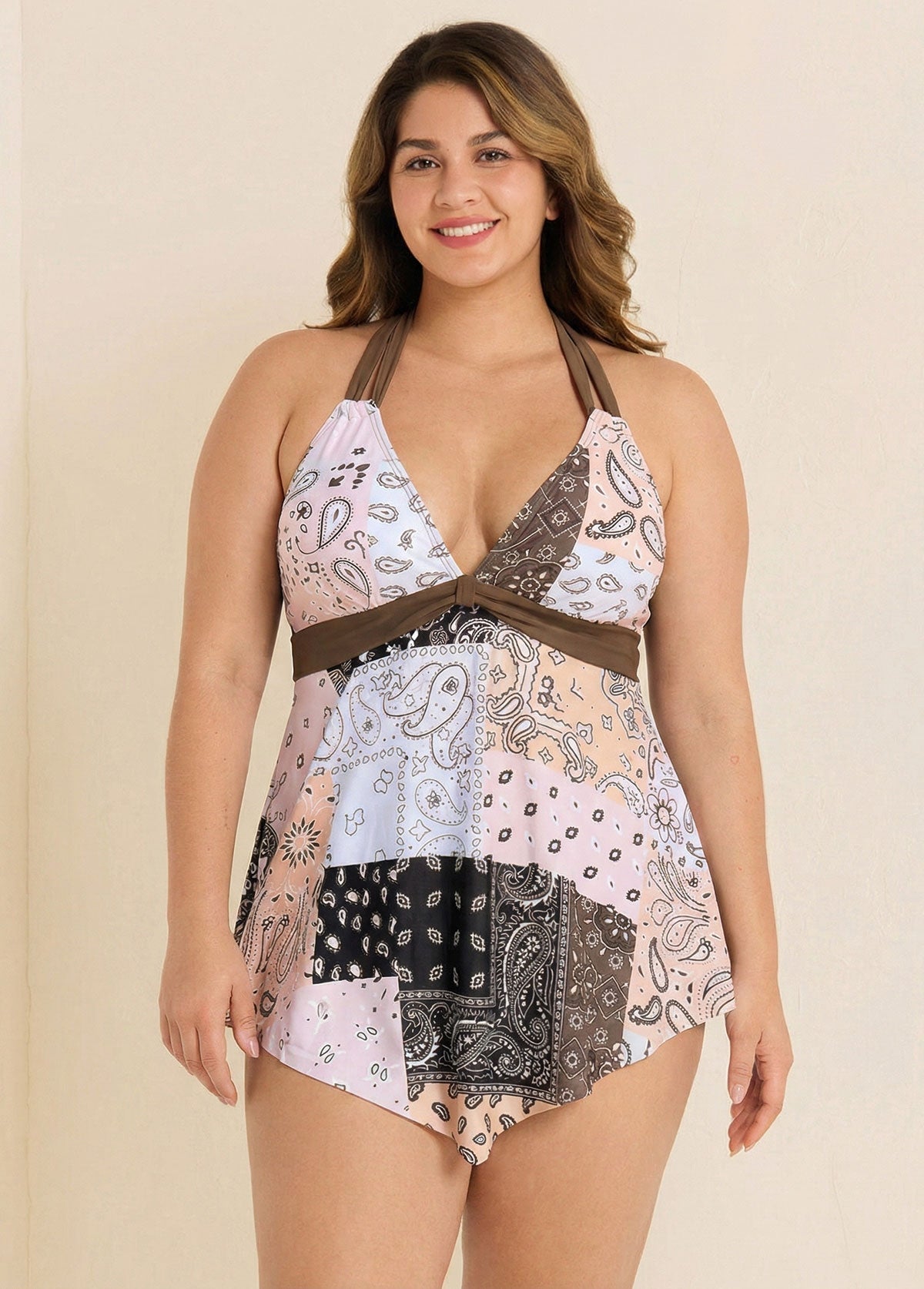 Paisley Print Halter V Neck Flowy Women Tankini Top