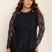 Black Leaf Print Long Sleeve Plus Size Swimsuit Swimwear Tankini Top