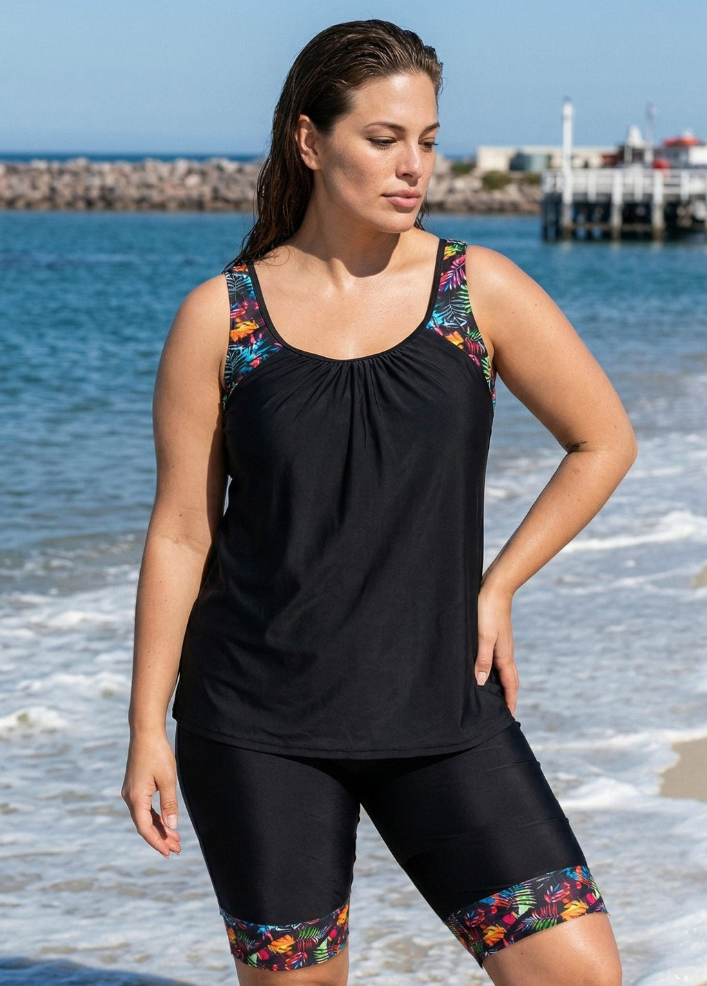 Black Plants Print Round Neck Plus Size Modest Tankini Set