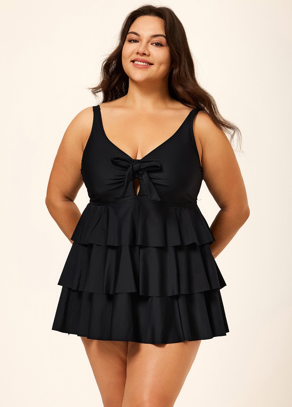 Black Knotted Front Ruffle Tiered Elegant Tankini Top
