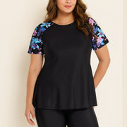 Black Floral Pullover Short Sleeve Fashion Casual Tankini Set