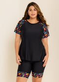 Black Plants Pullover Short Sleeve Modest Plus Size Fashion Casual Tankini Set