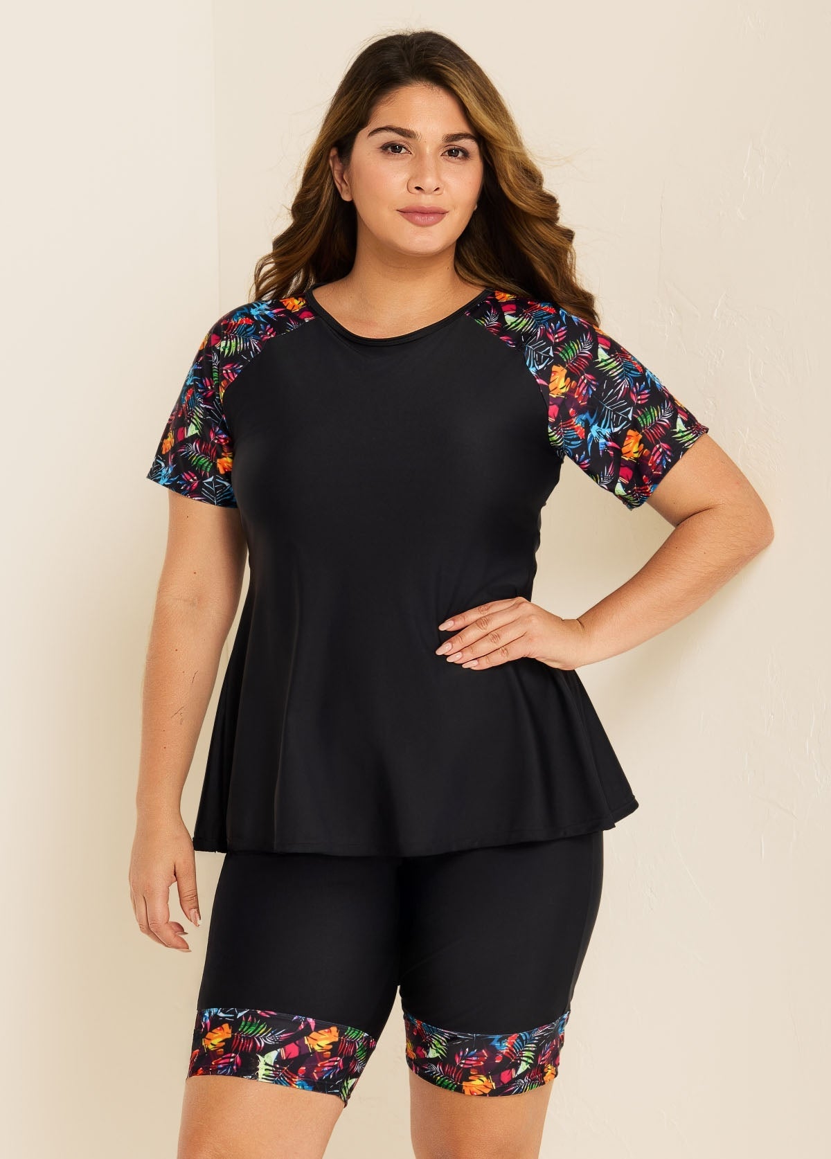 Black Plants Pullover Short Sleeve Modest Plus Size Fashion Casual Tankini Set