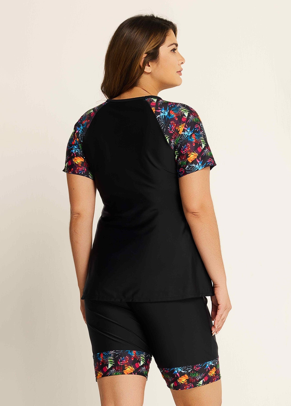 Black Plants Pullover Short Sleeve Modest Plus Size Fashion Casual Tankini Set
