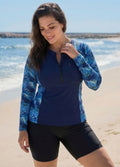 Plus Size Blue Leaf Scoop Neck Upf50+ Long Sleeves Vintage Zipper Women's Swimsuit Tankini Top