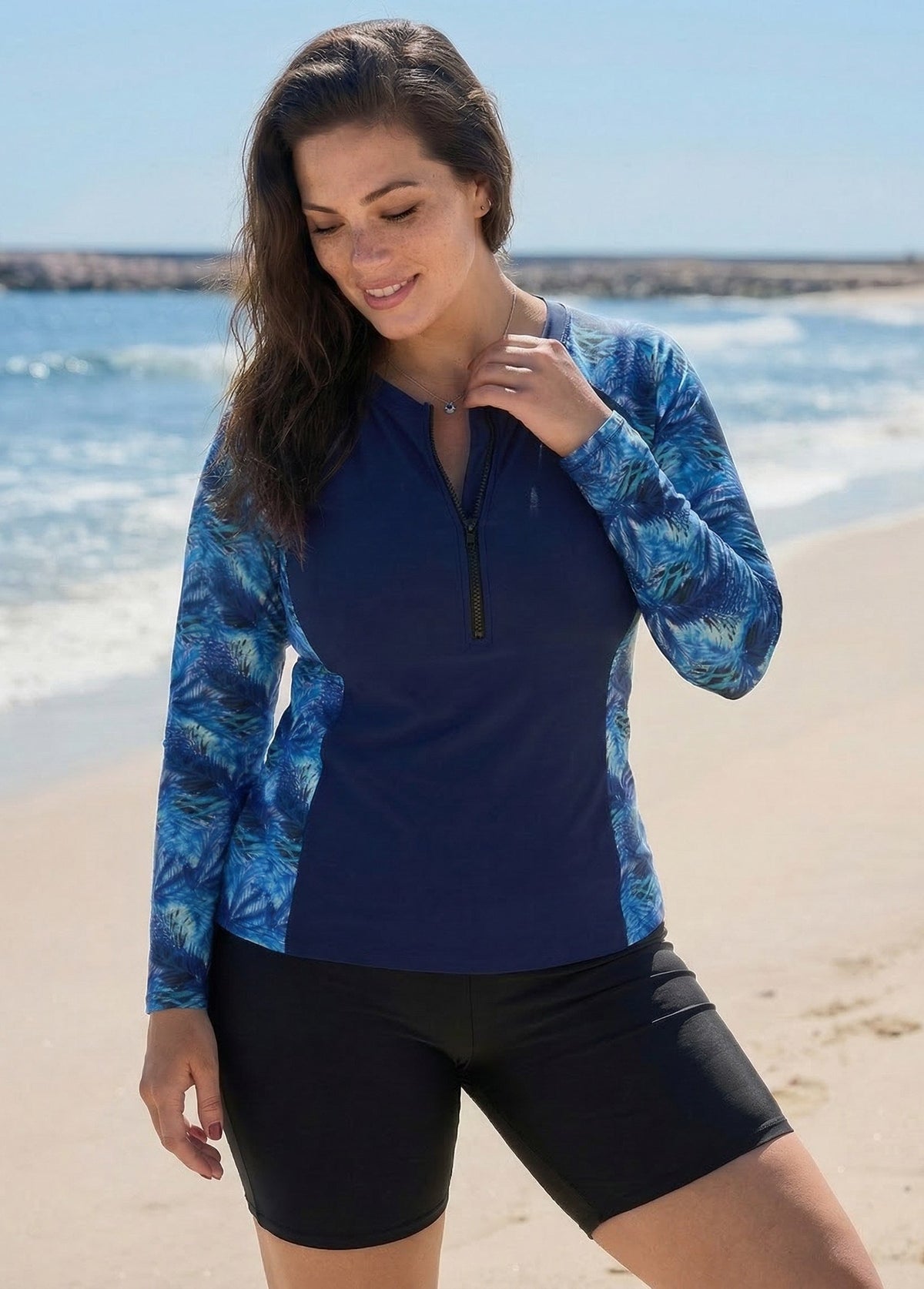 Plus Size Blue Leaf Scoop Neck Upf50+ Long Sleeves Vintage Zipper Women's Swimsuit Tankini Top