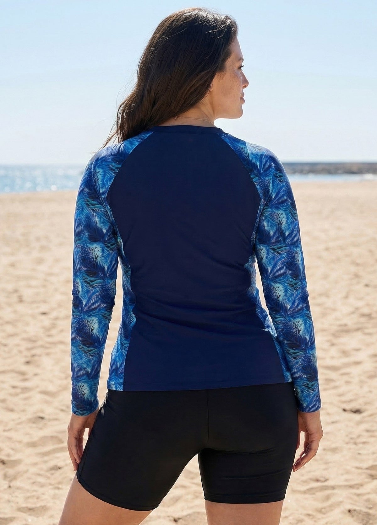 Plus Size Blue Leaf Scoop Neck Upf50+ Long Sleeves Vintage Zipper Women's Swimsuit Tankini Top