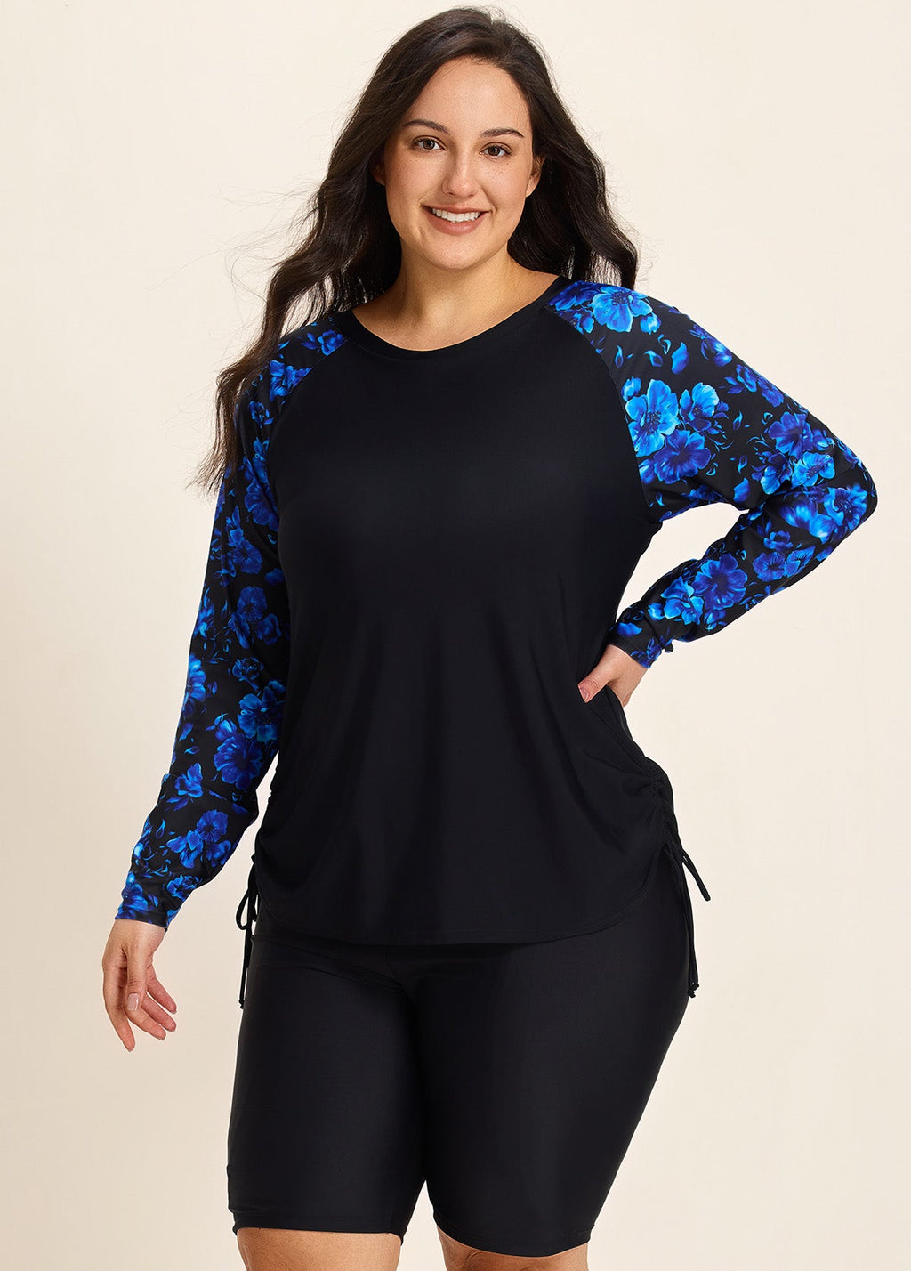 Blue Floral High Neck Upf50+ Long Sleeves Side Drawstring Plus Swimsuit Shirt Tankini Top